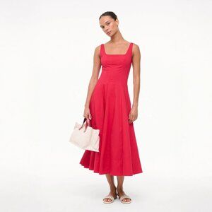 Staud Wells Corset Paneled Cotton Dress in Cherry Red